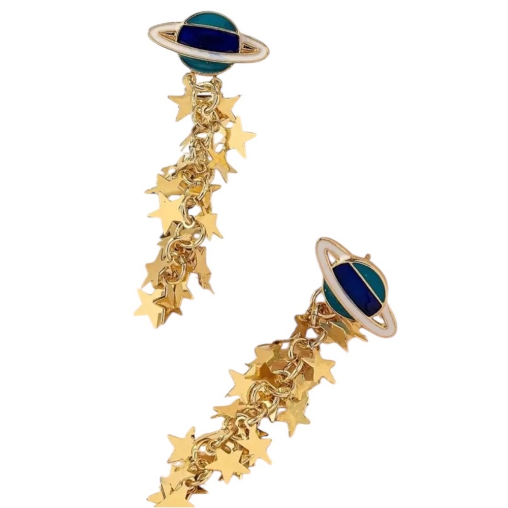 Golden Blue Planet Star Tassel Earrings